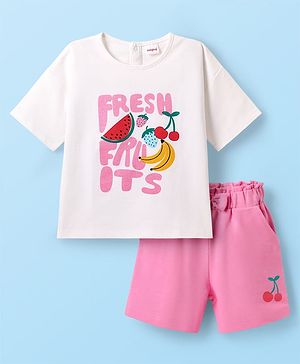 Babyhug Single Jersey Knit Half Sleeves Top & Shorts with Fruit Print - White & Pink