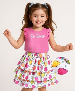 Babyhug Single Jersey Knit Sleeveless T-Shirt & Skirt Set with Tropical & Text Print - Pink & White