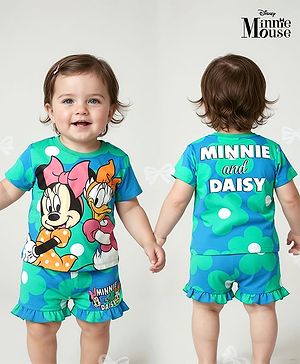 Babyhug Disney Single Jersey Knit Half Sleeves T-Shirt & Short Set With Front & Back Minnie Mouse Print - Sea Green