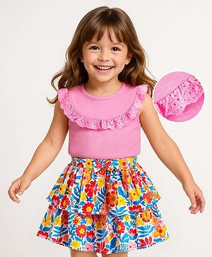 Babyhug Single Jersey Knit Sleeveless Top & Skirt Set With Floral Print - Pink