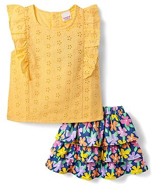 Babyhug Single Jersey Knit Frill Sleeves Schiffli Top & Skirt Set with Floral Print - Yellow & Navy Blue