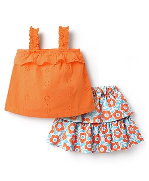 Babyhug Single Jersey Knit Sleeveless Top and Skirt Set with Floral Print - Orange & Blue