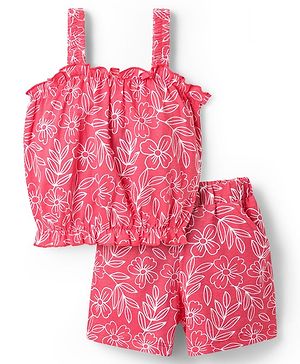 Babyhug SIngle Jersey Knit Sleeveless Top & Shorts with Floral Print - Red