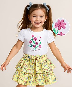 Babyhug Single Jersey Knit Half Sleeves Top & Skirt Set with Floral Print & Bow Applique - Yellow & White