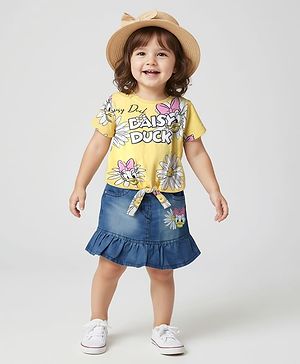Babyhug Disney Single Jersey Knit Half Sleeves T-Shirt & Skirt with Minnie Mouse Family Graphics & Badge Detailing - Yellow & Blue