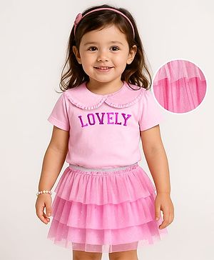 Babyhug Single Jersey Knit Half Sleeves Peter Pan Collar Top & Skirt Set with Lovely Text Print - Pink