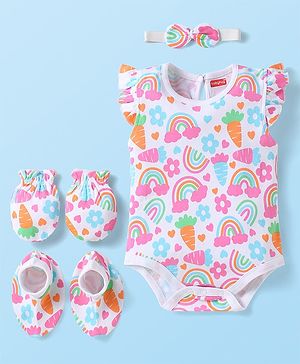 Babyhug 100% Cotton Interlock Knit Sleeveless Onesie with Hair Band Booties & Mittens with Floral & Tropical Print - White & Pink