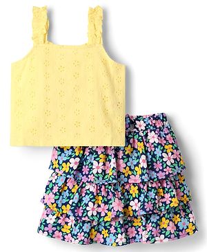 Babyhug Schiffili Knit Sleeveless Top & Skirt with Floral Print - Yellow & Pink