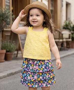 Babyhug Schiffili Knit Sleeveless Top
                              & Skirt with Floral Print - Yellow
                              & Pink