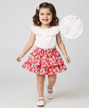 Babyhug Schiffili Knit Sleeveless Top & Skirt with Floral Print - White & Red