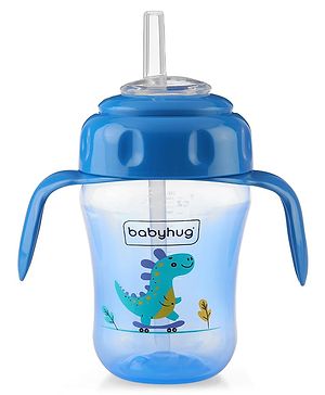 Babyhug Dino Printed Sipper Bottle With Silicone Spout & Straw Blue - 210 ml