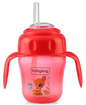 Babyhug Sipper Cup with Soft Silicone Spout & Straw Deer Print Red - 150 ml