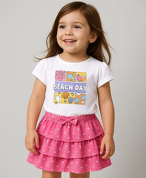 Babyhug Single Jersey Knit Half Sleeves Top & Skirt Set with Beach Day Text Print - Pink