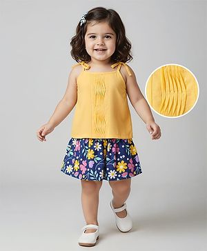 Babyhug Single Jersey Knit Sleeveless Top & Skirt Set With Floral Print - Yellow & Navy Blue
