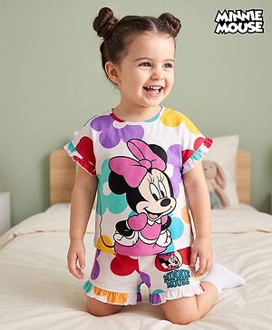Babyhug Disney Single Jersey Knit Half Sleeves T-Shirt & Shorts Set With Minnie Mouse Graphics - White