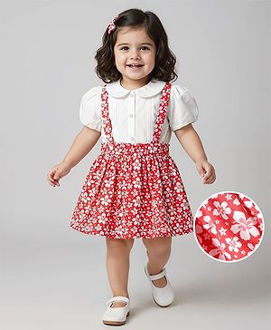 Babyhug Single Jersey Knit Half Puffed Sleeves Top & Skirt Set With Floral Print - White & Red