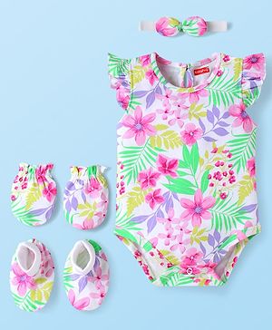 Babyhug 100% Cotton Interlock Knit Frill Sleeves Onesie with Hair Band Booties & Mittens with Floral & Tropical Print - White & Pink