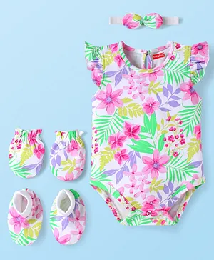 Babyhug 100% Cotton Interlock Knit
                              Frill Sleeves Onesie with Hair Band
                              Booties & Mittens with Floral &
                              Tropical Print - White & Pink