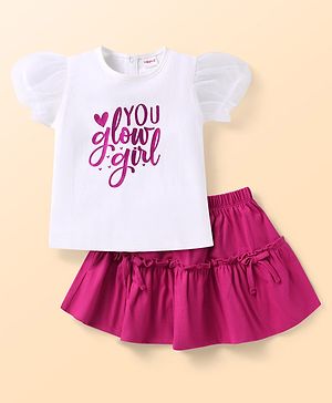 Babyhug Single Jersey Knit Half Puffed Sleeves Top & Skirt Set with Text Print - White & Pink