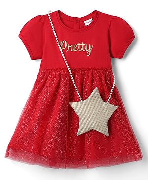Babyhug Single Jersey Knit Half Sleeves Text Embroidered Frock with Sling Bag & Rhinestone Detailing - Red