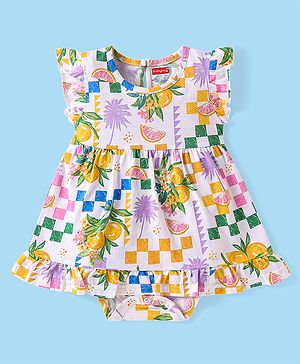 Babyhug 100% Cotton Knit Frill Sleeves Frock Style Onesie with Oranges Print - White