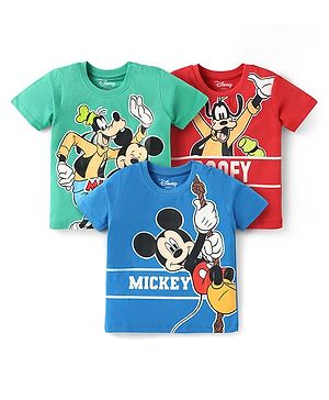 Babyhug Disney Single Jersey Knit  Half Sleeves T-Shirts With Mickey Mouse Family Graphics Pack Of 3 - Blue & Red