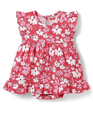 Babyhug 100% Cotton Knit Frill Sleeves Frock Style Onesie with Floral Print - Red