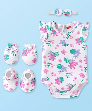 Babyhug 100% Cotton Knit Half Sleeves
                              Floral Printed Onesie with Hairband &
                              Mittens Booties - White