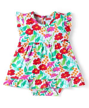 Babyhug Interlock Knit Frill Sleeves Onesie with Floral Print - Light Green & Red