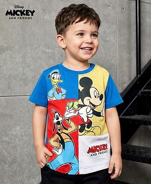 Babyhug Disney Single Jersey Knit Half Sleeves T-Shirt With Mickey Mouse Family Graphics - Blue