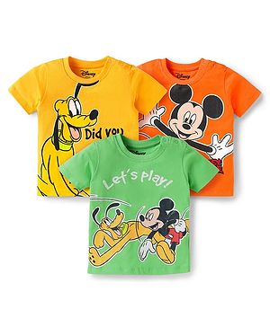 Babyhug Disney Single Jersey Knit   Half Sleeves T-Shirt With Mickey Mouse Family Graphics Pack Of 3 - Yellow Green & Orange