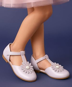 Pine Kids Velcro Closure Solid Coloured Ballerina With Floral Applique - Purple