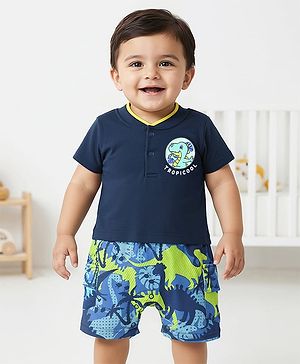 Babyhug 100% Cotton Knit Half Sleeves Romper With Dino Print - Navy Blue
