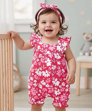 Babyhug 100% Cotton Knit Frill Sleeves Romper with Floral Print & Headband - Red