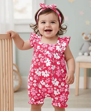 Babyhug 100% Cotton Knit Frill
                              Sleeves Romper with Floral Print &
                              Headband - Red