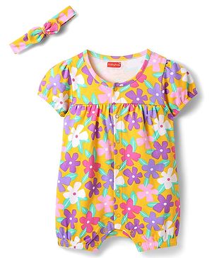 Babyhug 100% Cotton Knit Half Puffed Sleeves Front Open Romper with Headband & Floral Print - Yellow