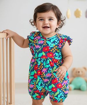Babyhug 100% Cotton Knit Half Sleeves Romper with Floral Print - Blue