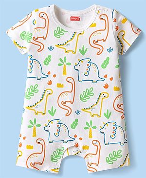Babyhug 100% Cotton Knit Half Sleeves Dino Printed Romper - White