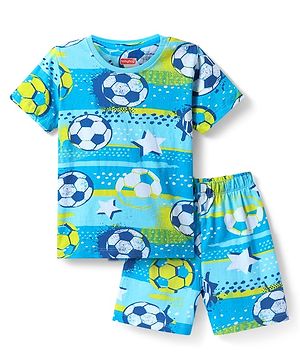 Babyhug Cotton Knit Half Sleeves Shorts Co-ord Nightsuit with Football - Blue