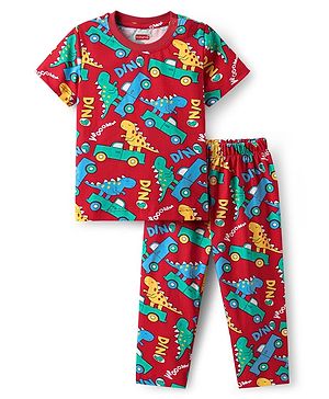 Babyhug Cotton Knit Half Sleeves Night Suit With Dino Print -  Red