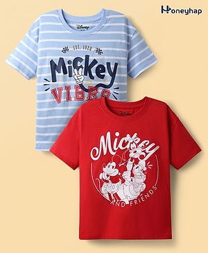 HoneyHap Disney Single Jersey Knit Half Sleeves Oversize Drop Shoulder T-Shirt with Mickey Mouse and Family Graphics Pack of 2 - Red & Light Blue