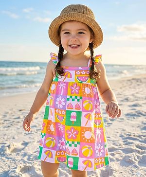 Babyhug Single Jersey Knit Frill Sleeves Frock with Beach Theme Print  - Orange Purple & Green