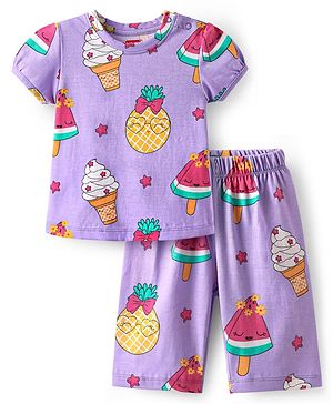 Babyhug Cotton Knit Half Sleeves Capri Nightsuit with Icecream Print - Purple