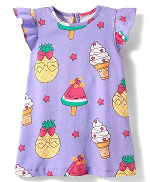 Babyhug Cotton Knit Half Sleeves Capri Nightsuit with Icecream Print - Purple