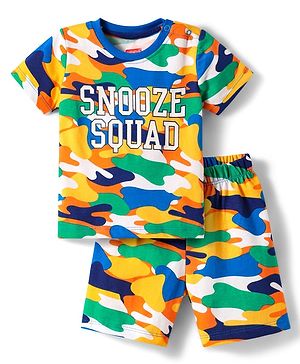 Babyhug Cotton Knit Half Sleeves Co-ords Short Night Suit with Camouflage & Text Print - White