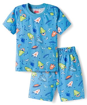 Babyhug Cotton Knit Half Sleeves Co-ords Shorts Night Suit with Ball Print - Light Blue