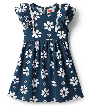Babyhug 100% Cotton Frill Sleeves Floral Printed Frock With Lace Detailing - Navy Blue