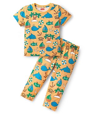 Babyhug Cotton Knit Half Sleeves Co-ords Night Suit with Nautical Theme Print - Yellow