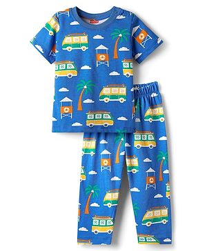 Babyhug Cotton Knit Half Sleeves Co-Ord Night Suit With Vehicle Print - Blue