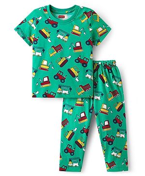 Babyhug Cotton Knit Half Sleeves Night Suit With Vehicle Print - Green